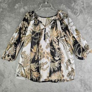 Fig‎ And Flowers Top Womens Black Cream Peach Gold Floral Sheer Sleeves Boho